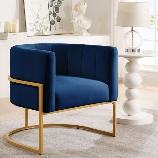 Fern Navy Upholstered Velvet Accent Chair with Golden Metal Stand and Curved Backrest