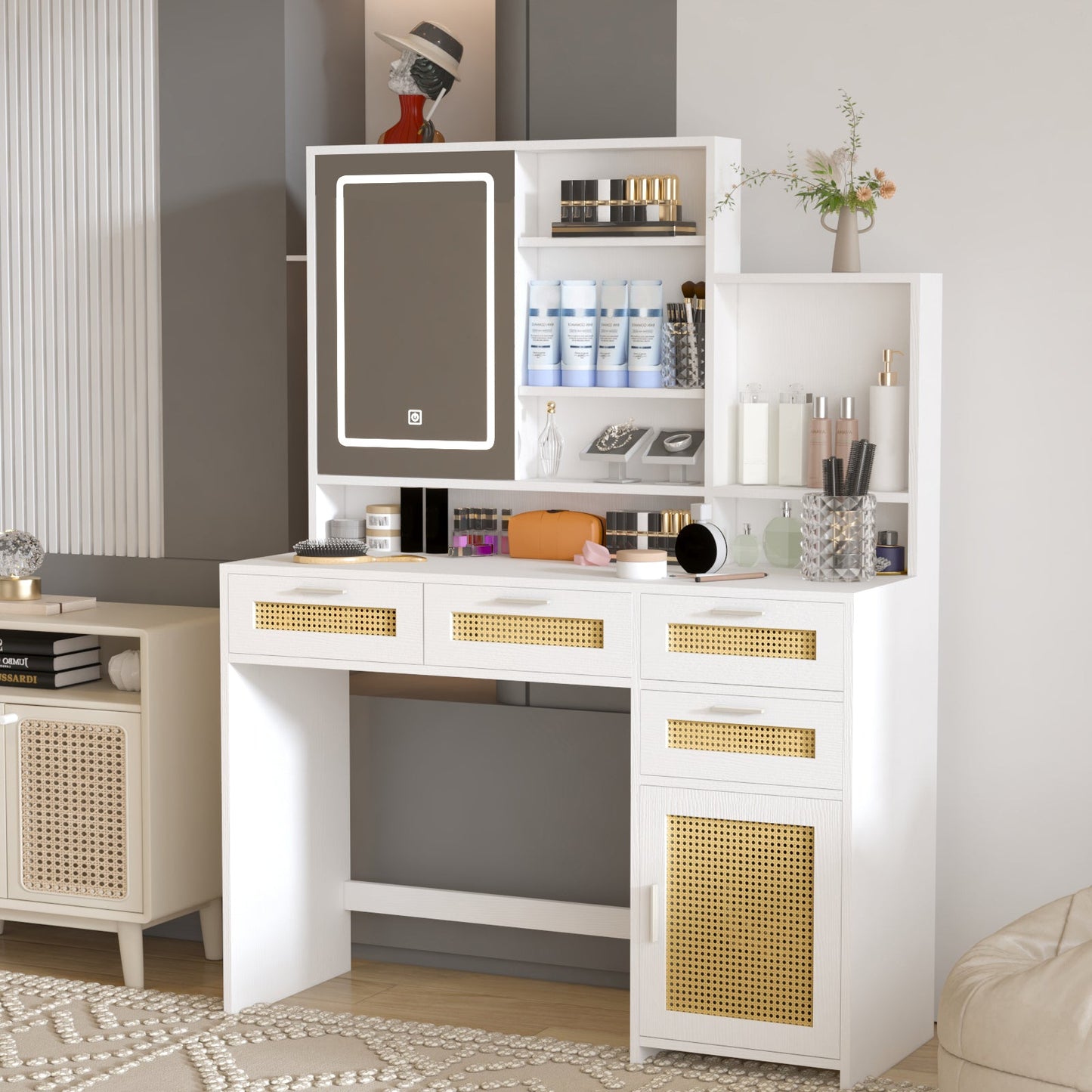 Florence Modern Vanity in White with Natural Rattan Drawer Fronts