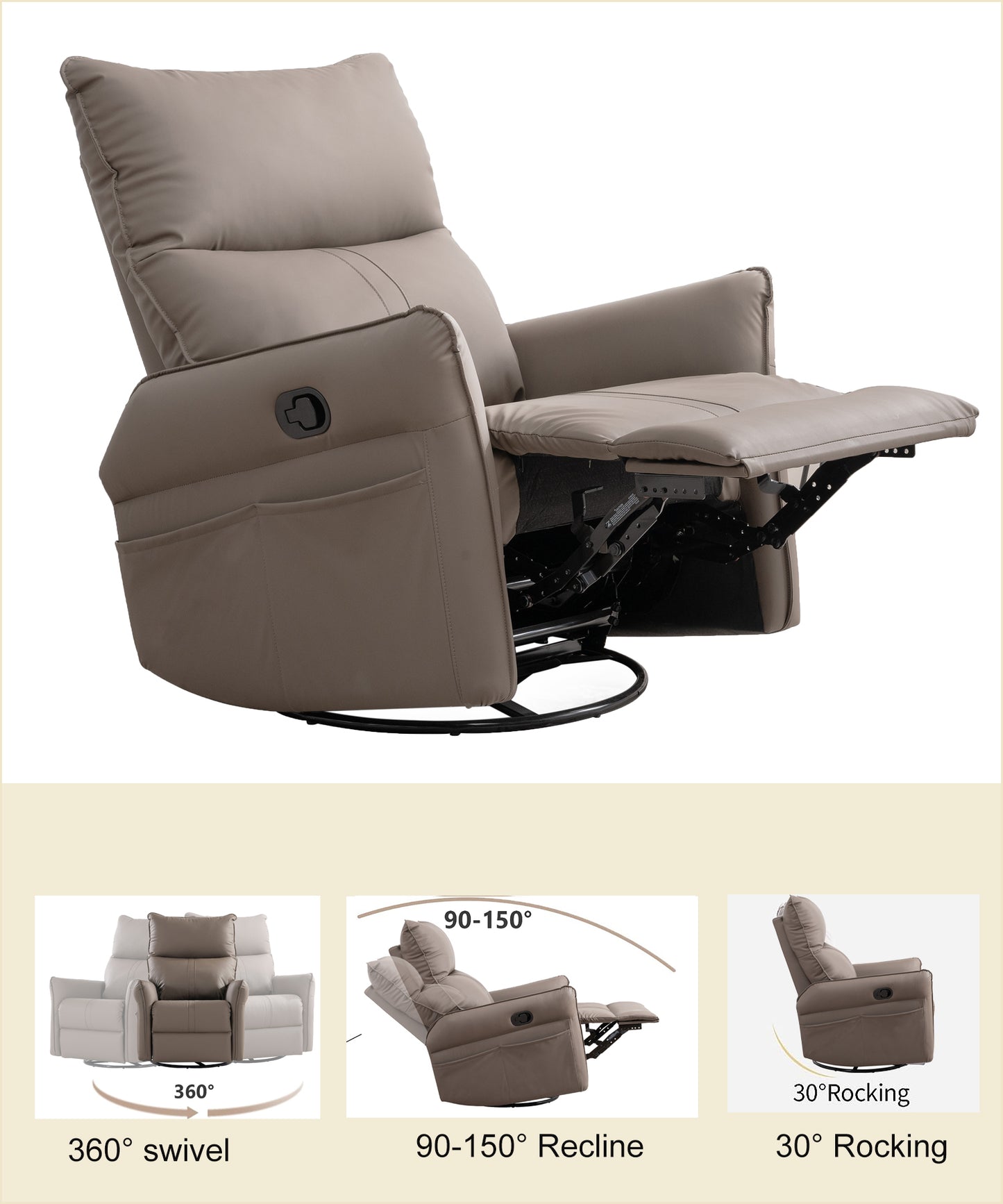 Jaxon PU Leather 360° Swivel Rocker Recliner, Brown