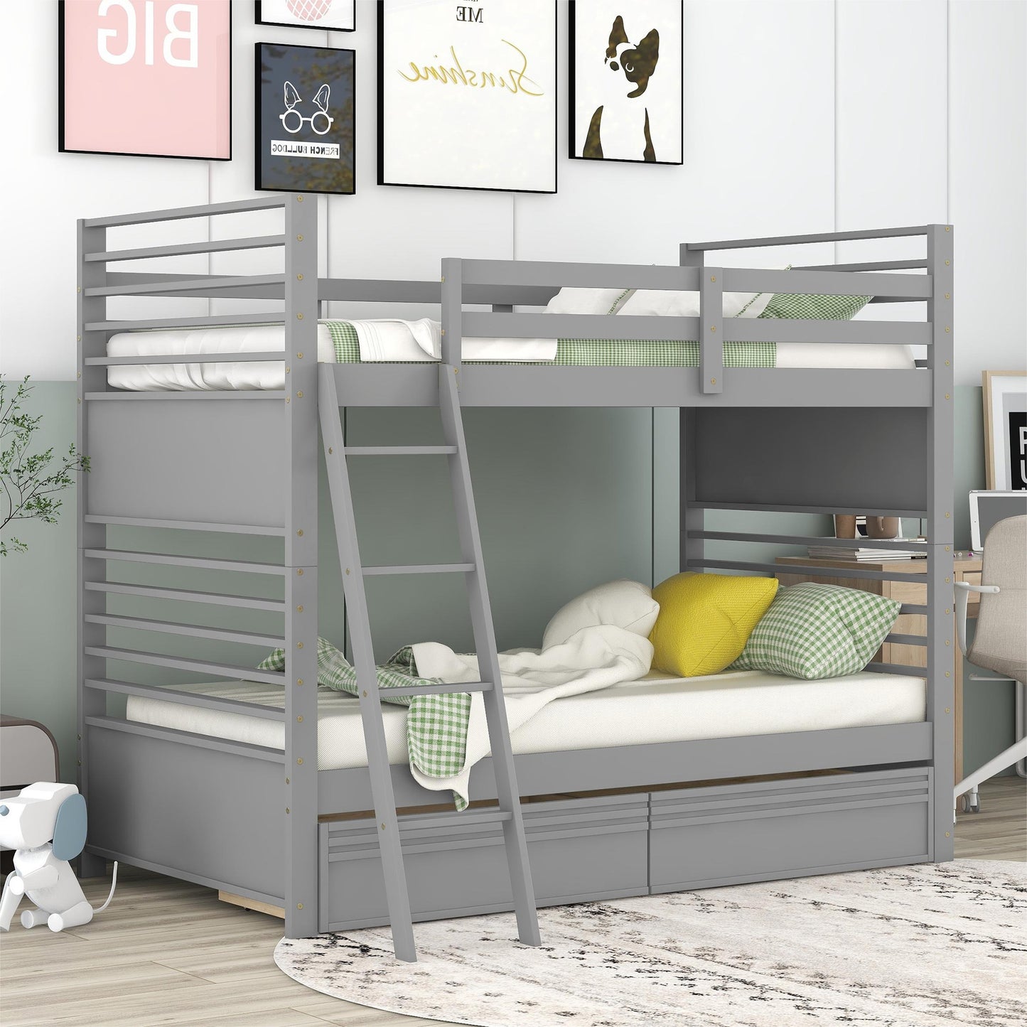 Rachel Twin over Twin Wood Bunk Bed with Two Drawers - Gray