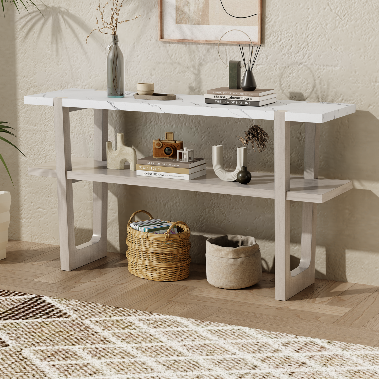 Idalia Elegant Console Table with Faux Marble Top, Gray Wash