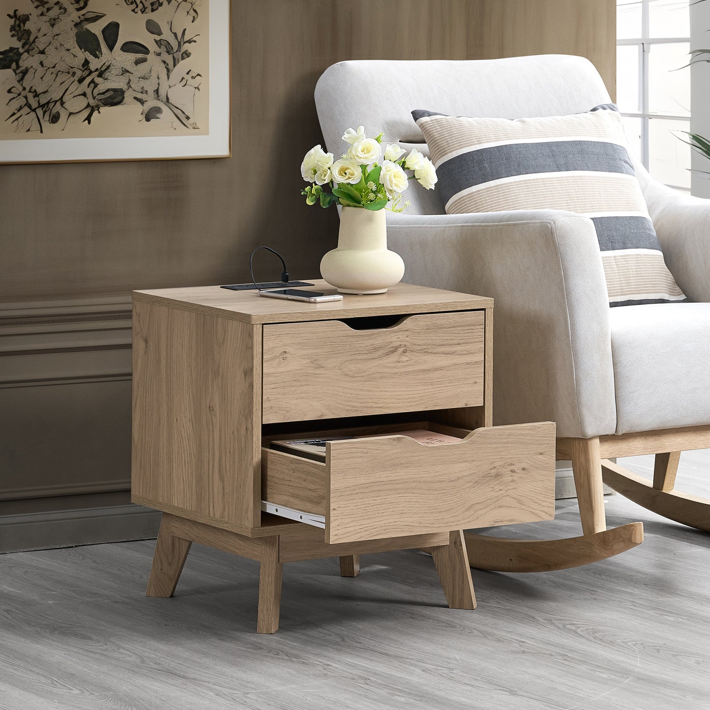 Reign Modern 2-Drawer Nightstand, Natural Oak