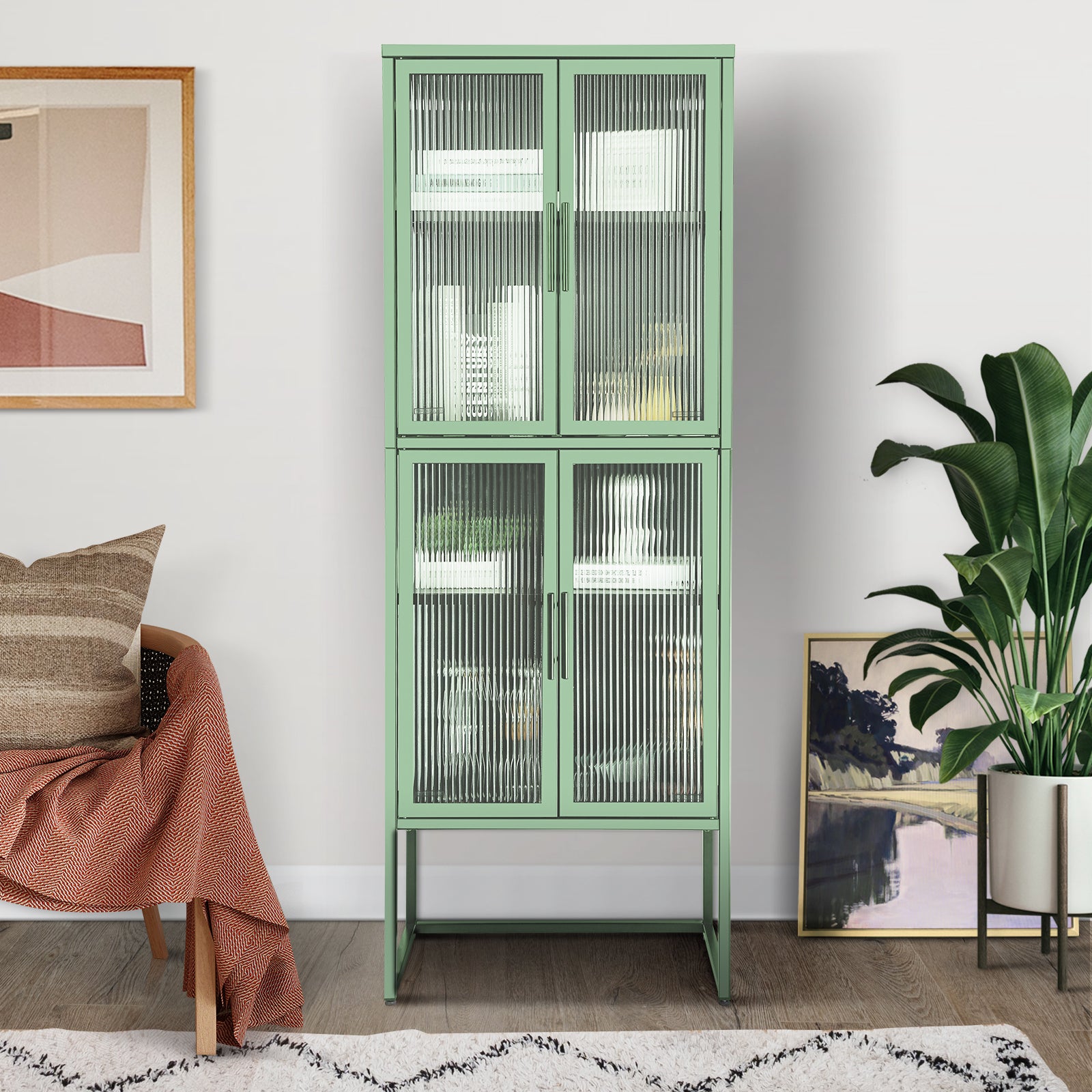 Zane 4-Door Metal Cabinet with Glass Doors, Light Green