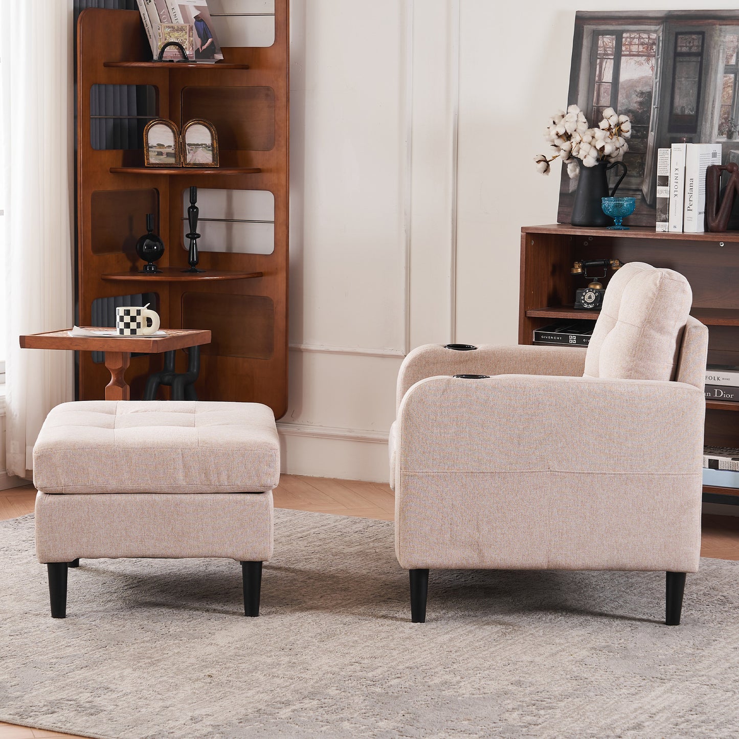 Xanthea Modern Tufted Chair & Storage Ottoman Set, Beige