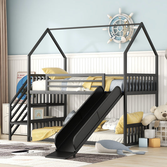 Daniel Twin over Twin Metal Bunk Bed House Bed with Slide and Staircase, Black