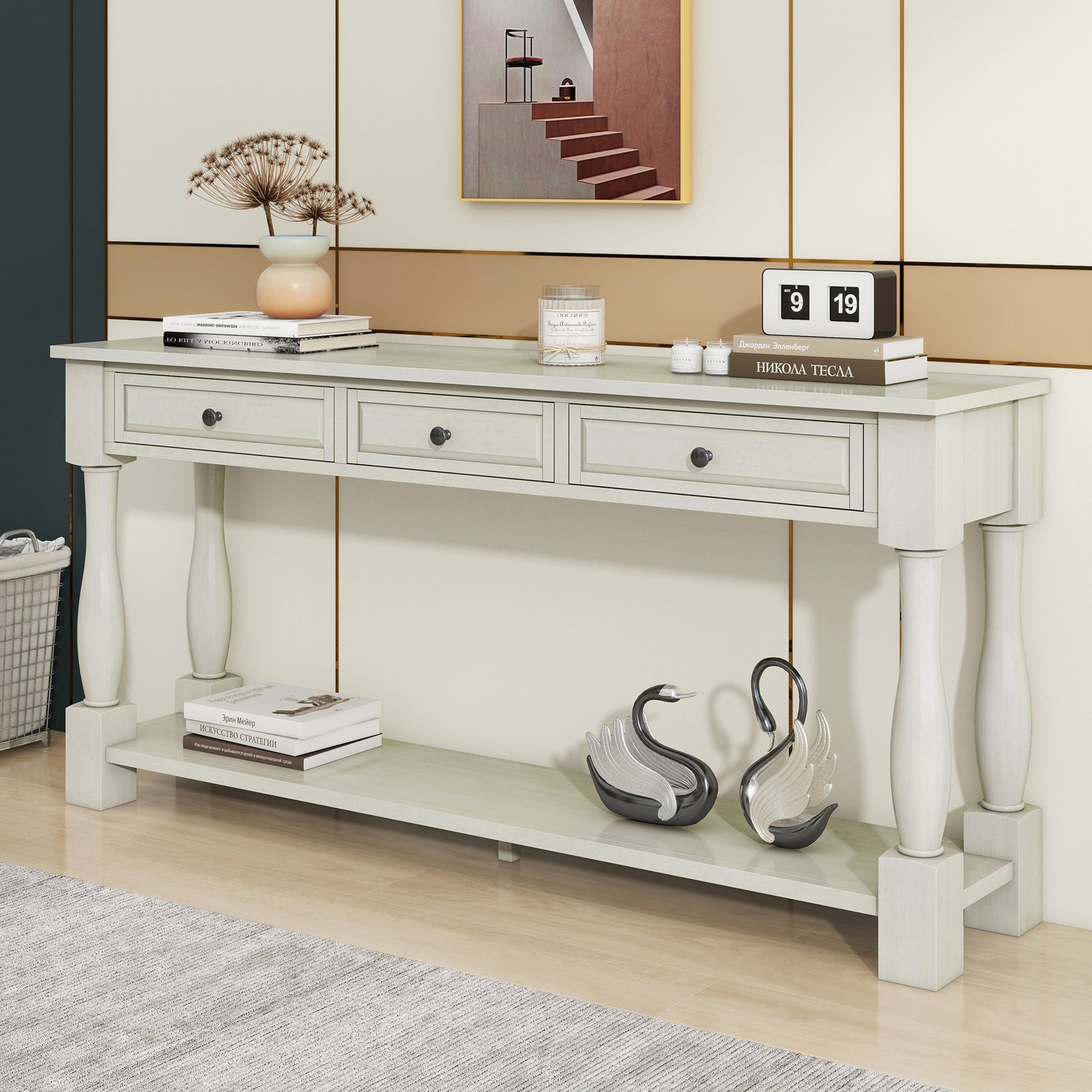 Xyla 63" Traditional 3-Drawer Console Table with Lower Shelf, White