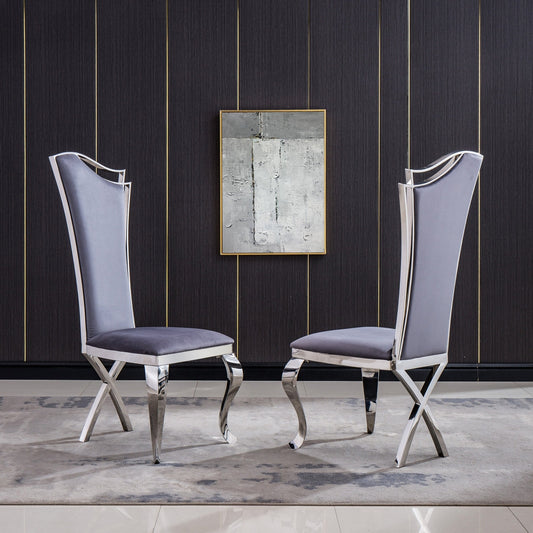 Amabel Modern Velvet High Back Dining Chairs Set of 2 , Gray & Silver