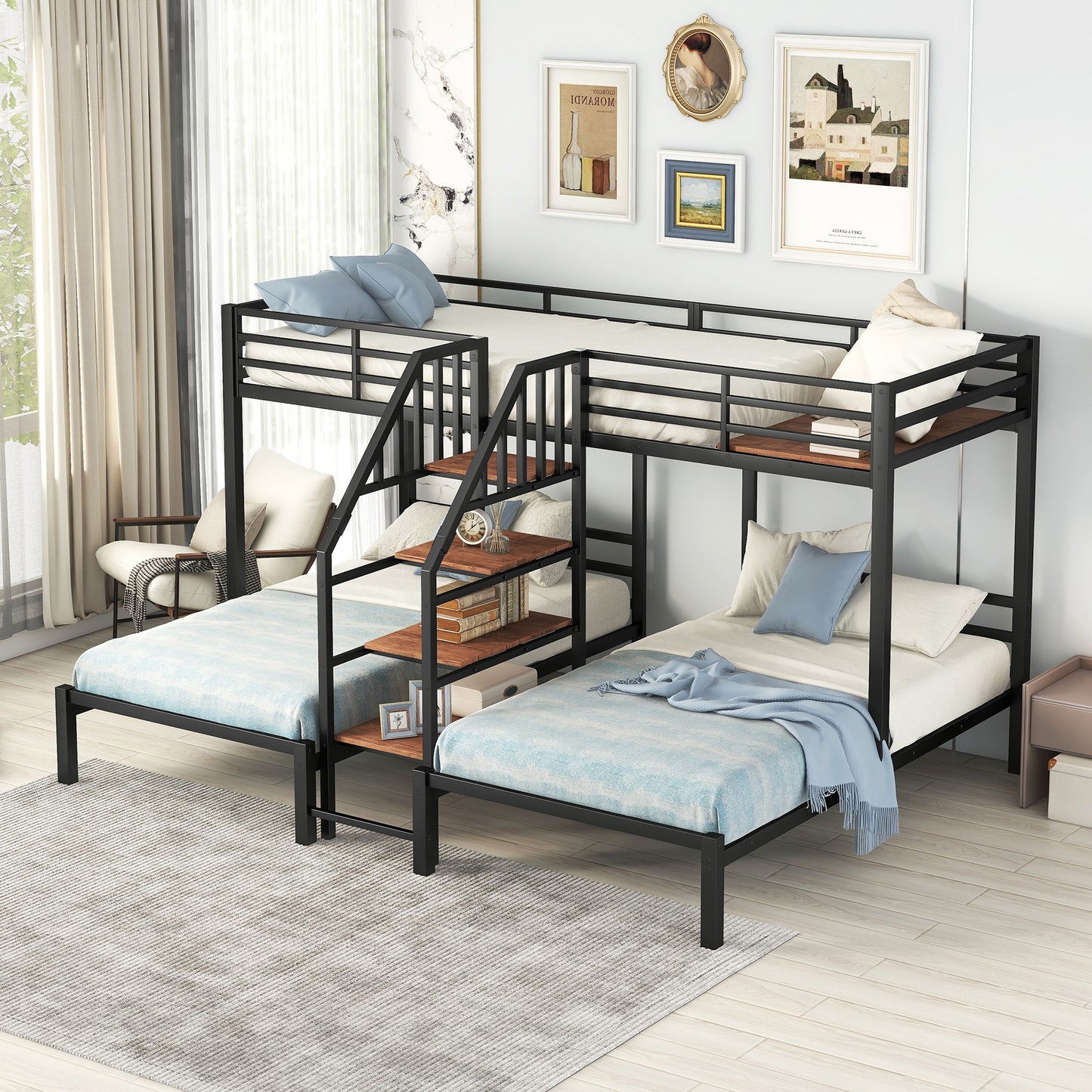 Adams Triple Metal Twin Bunk Bed, Black