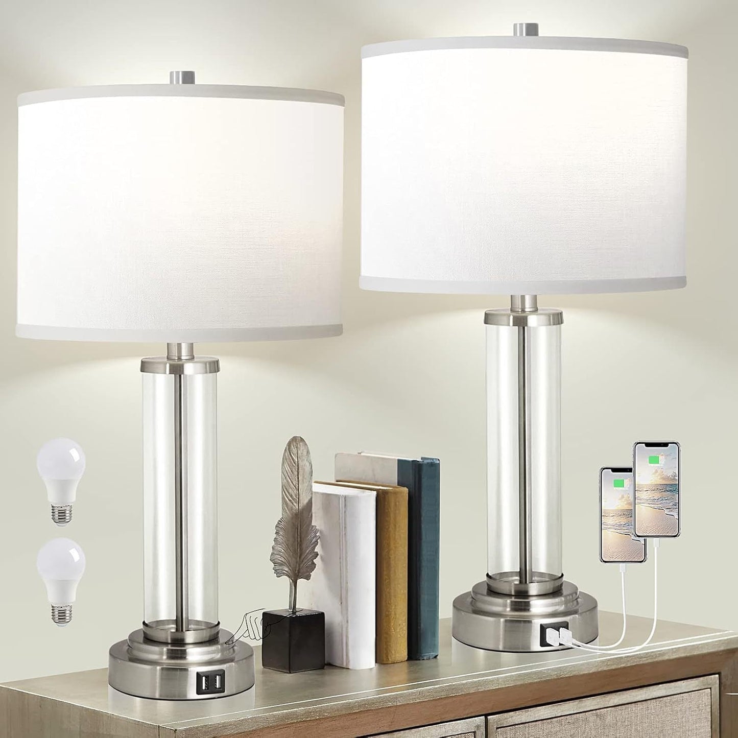 Set of 2 3-Way Dimmable Table Lamps with USB Charging