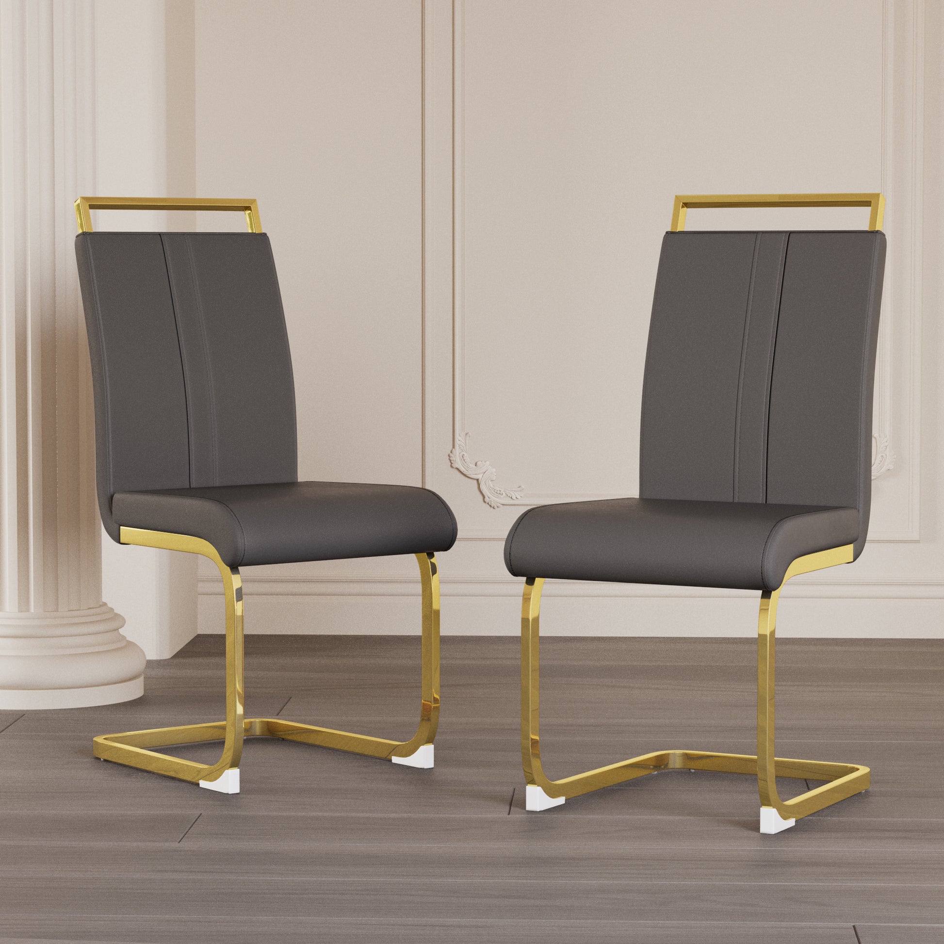 Astrid Modern PU Leather Side Chairs with Gold Legs Set of 2 , Gray