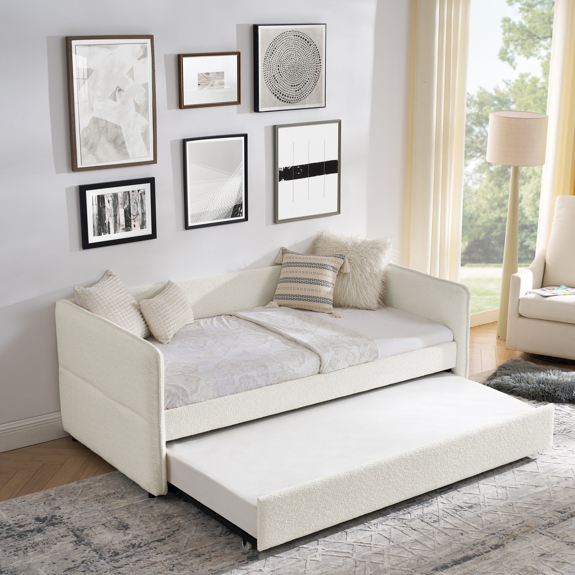 Tellis Twin Size Beige Boucle Daybed & Trundle Set