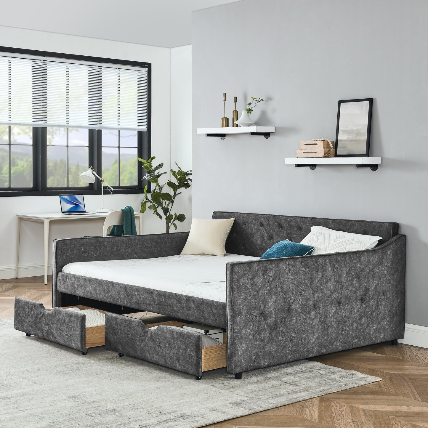 Aria Queen Size Linen Daybed & Storage Trundle Set, Gray