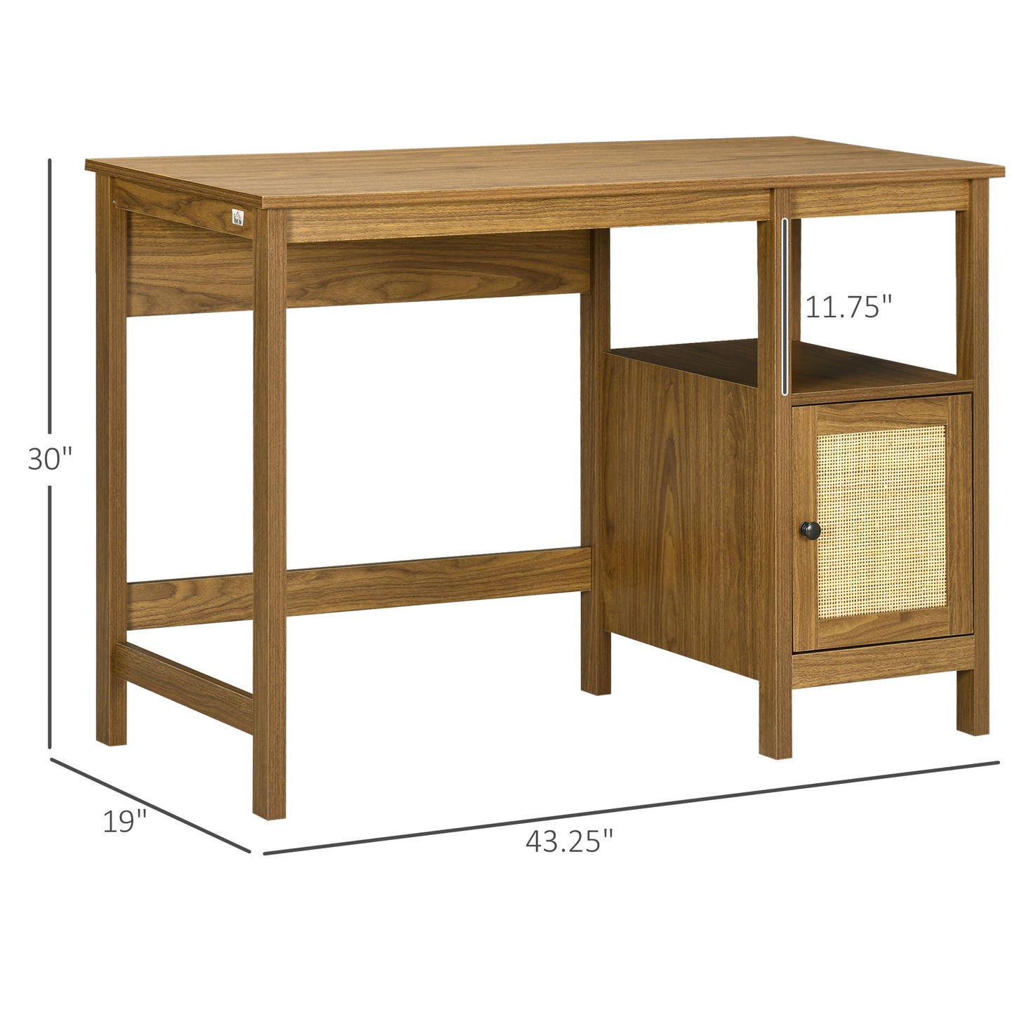 Briar Space-Saving Small Computer Desk with Storage Shelf & Rattan Cabinet, Light Walnut