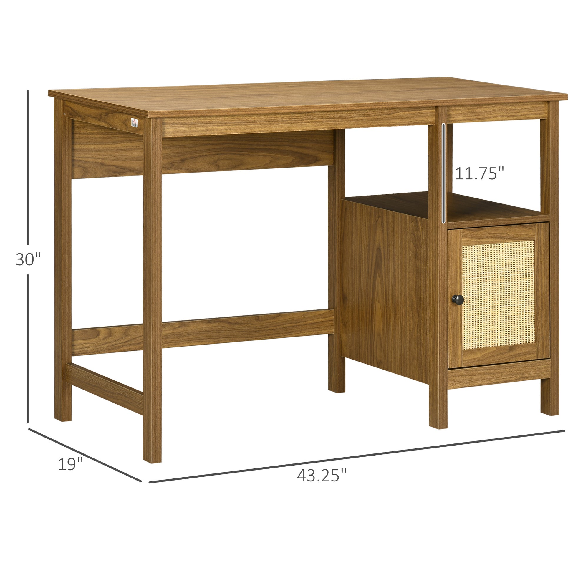 Briar Space-Saving Small Computer Desk with Storage Shelf & Rattan Cabinet, Light Walnut