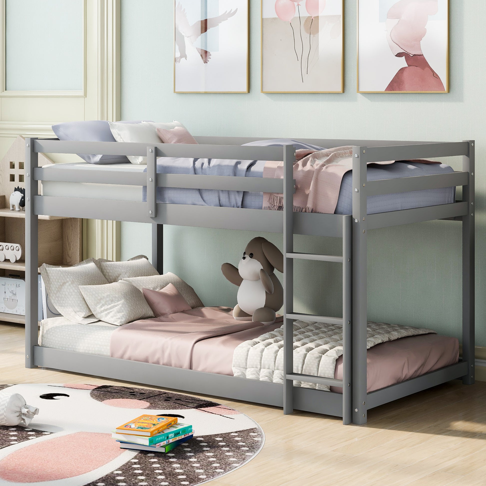 William Twin over Twin Floor Bunk Bed with Ladder , Gray