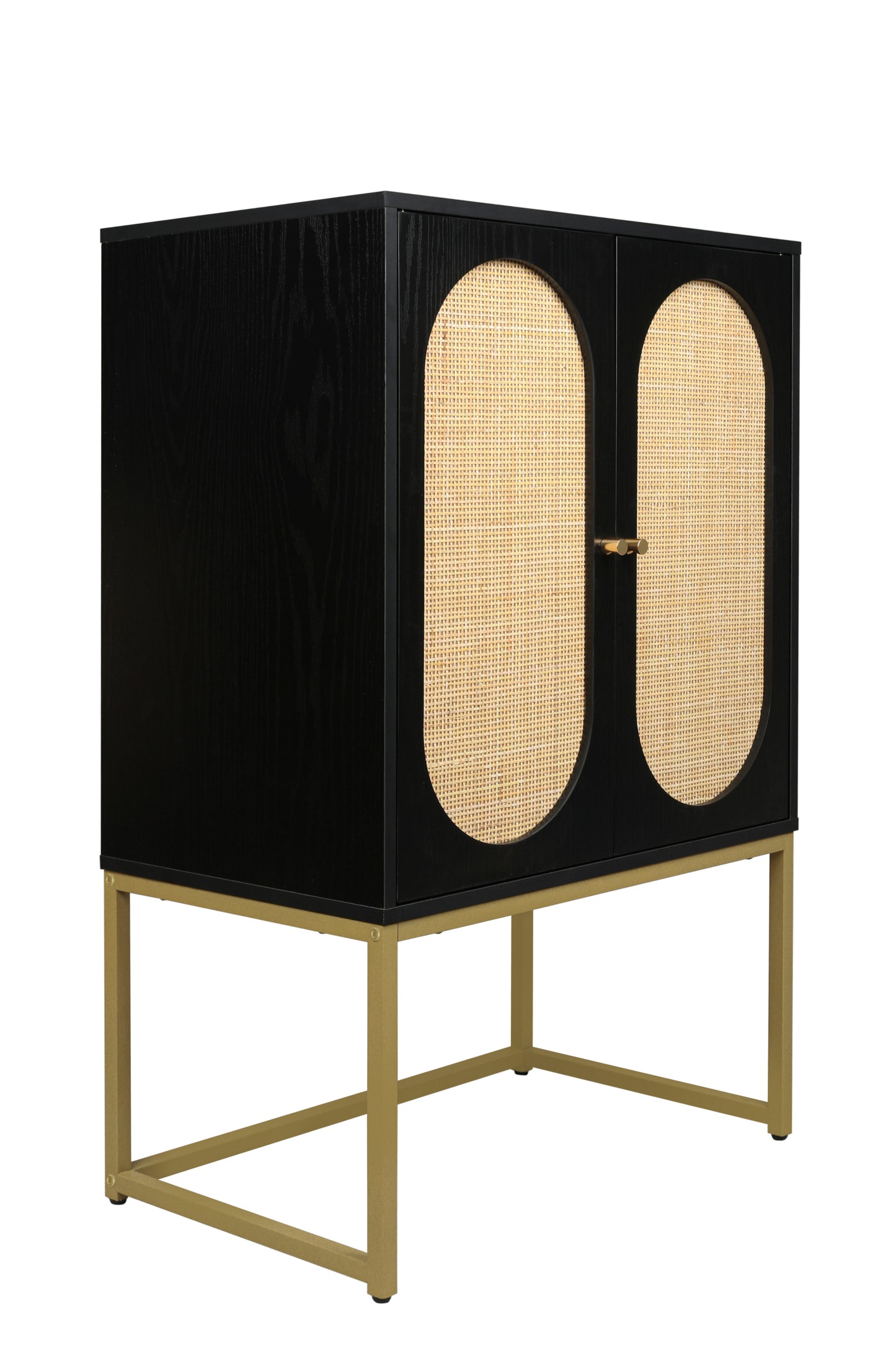 Allen Set of 2 High Cabinets in Black with Rattan Doors & Gold Legs