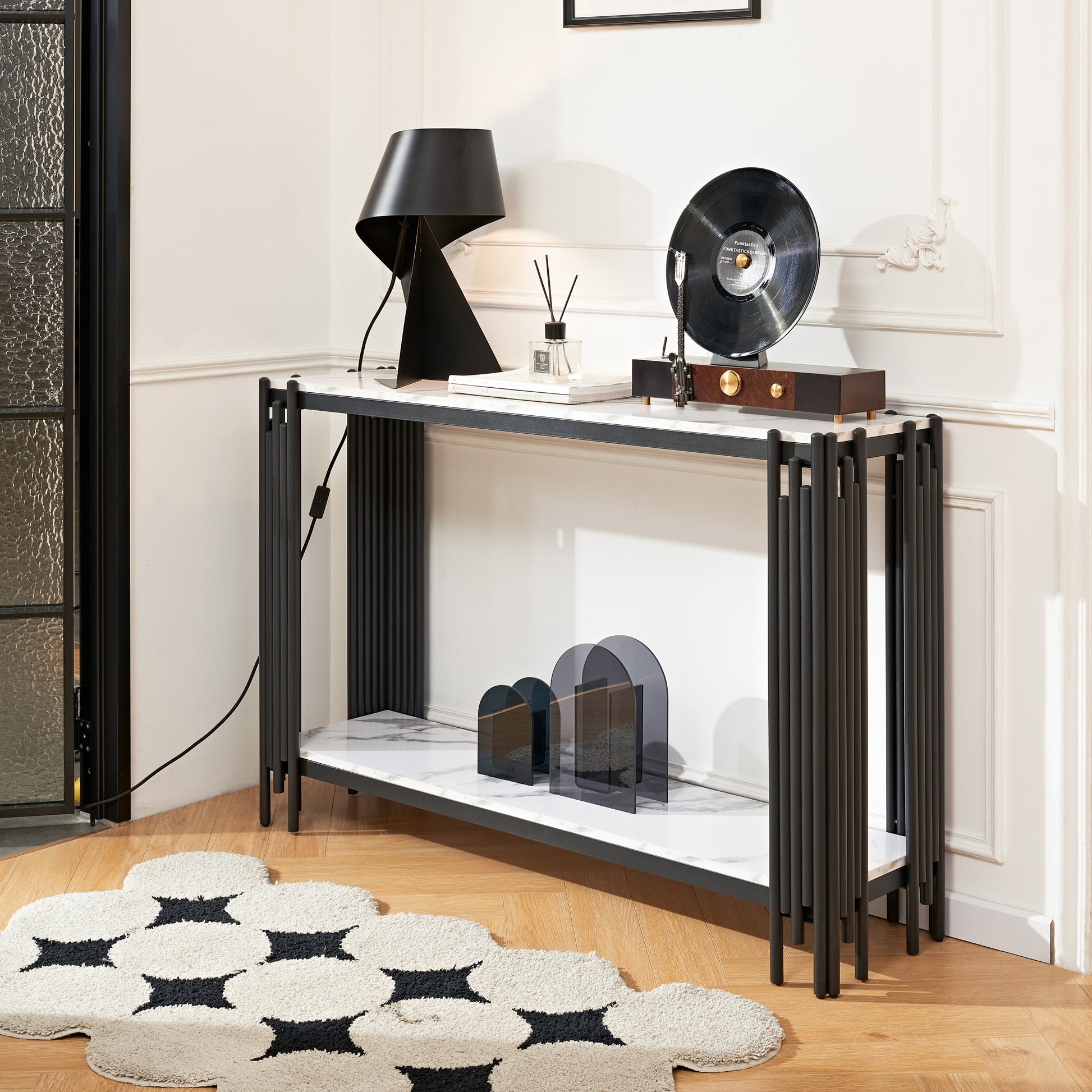 Juno Modern Round Faux Marble Console Table, Black & White