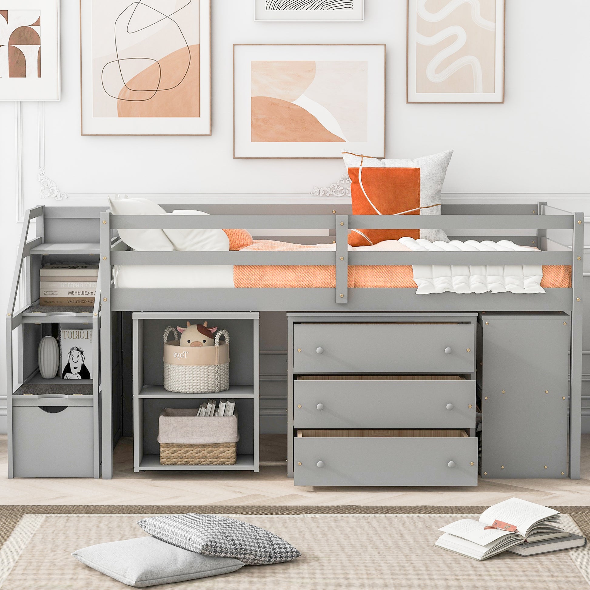 Brittany Twin Size Loft Bed with Retractable Writing Desk and 3 Drawers, Gray