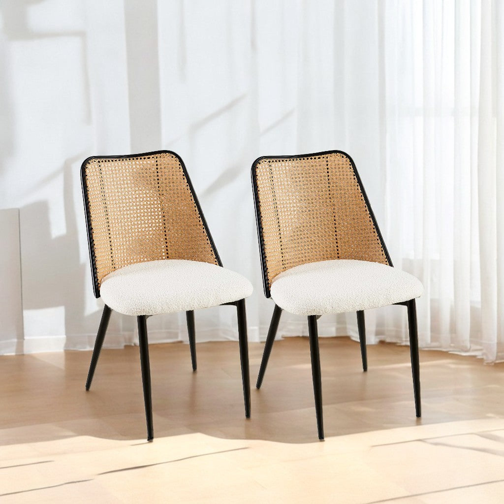 Fallon Modern Rattan Back Side Chairs with Off-White Boucle Seat Set of 2