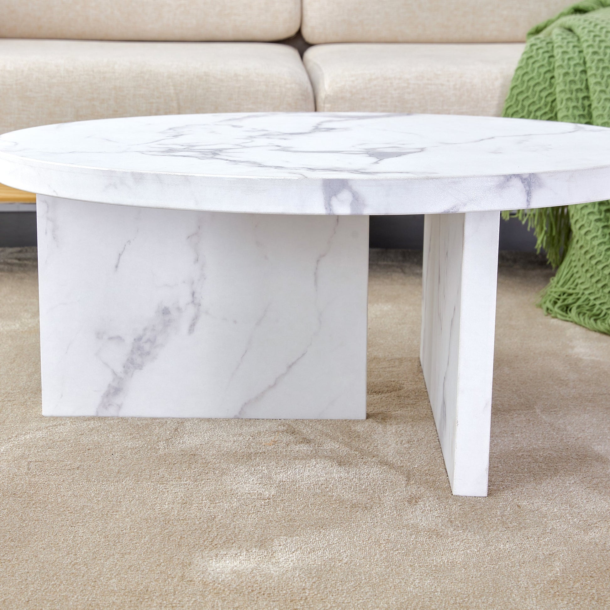 Link Modern Round Faux Marble Coffee Table in White