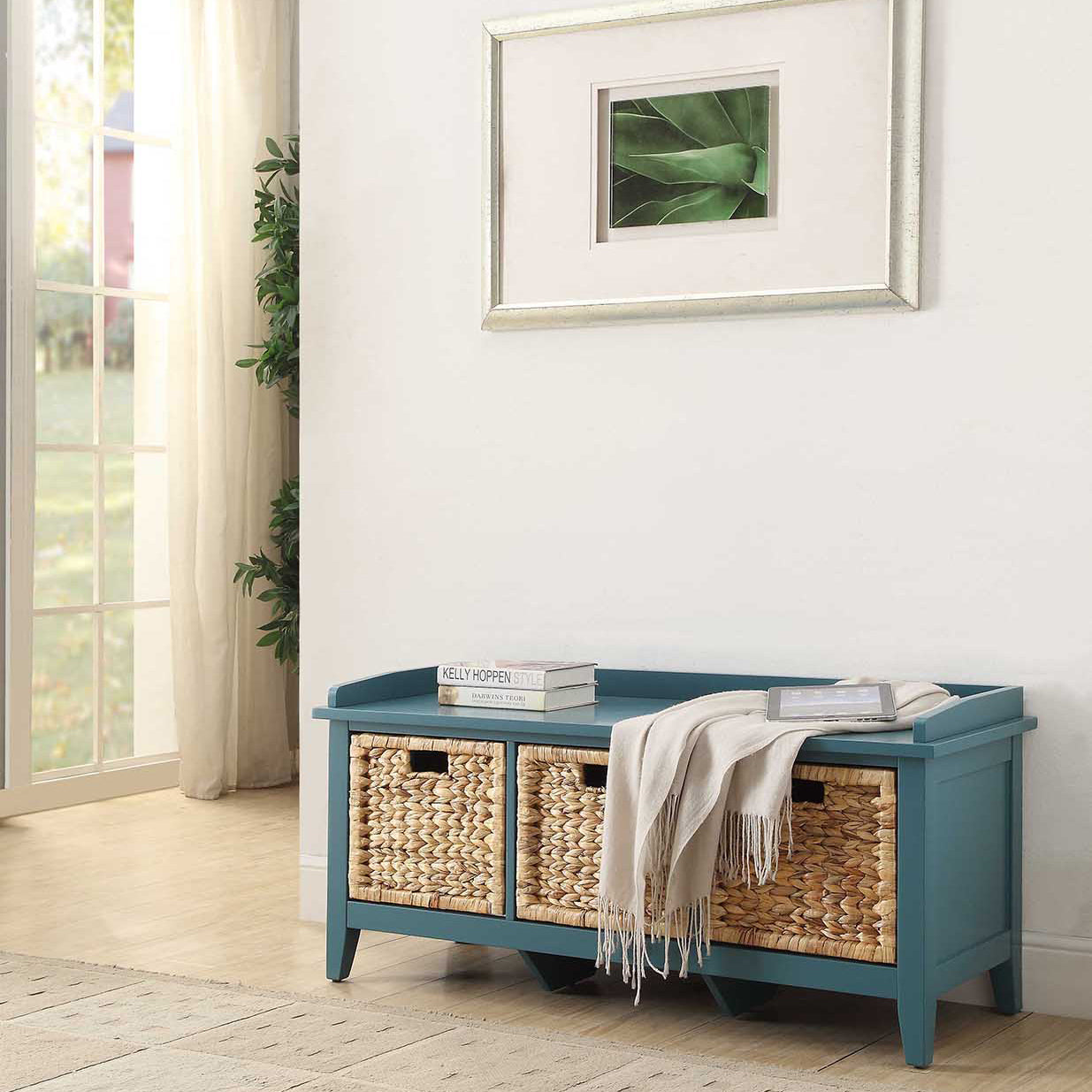 Beige and Teal Bench with 3-Drawer