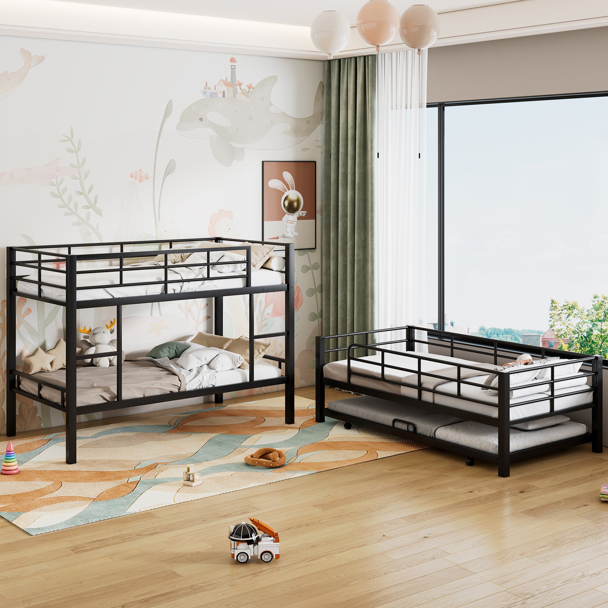 Emily Metal Twin Size Triple Bunk Bed With Trundle, Black