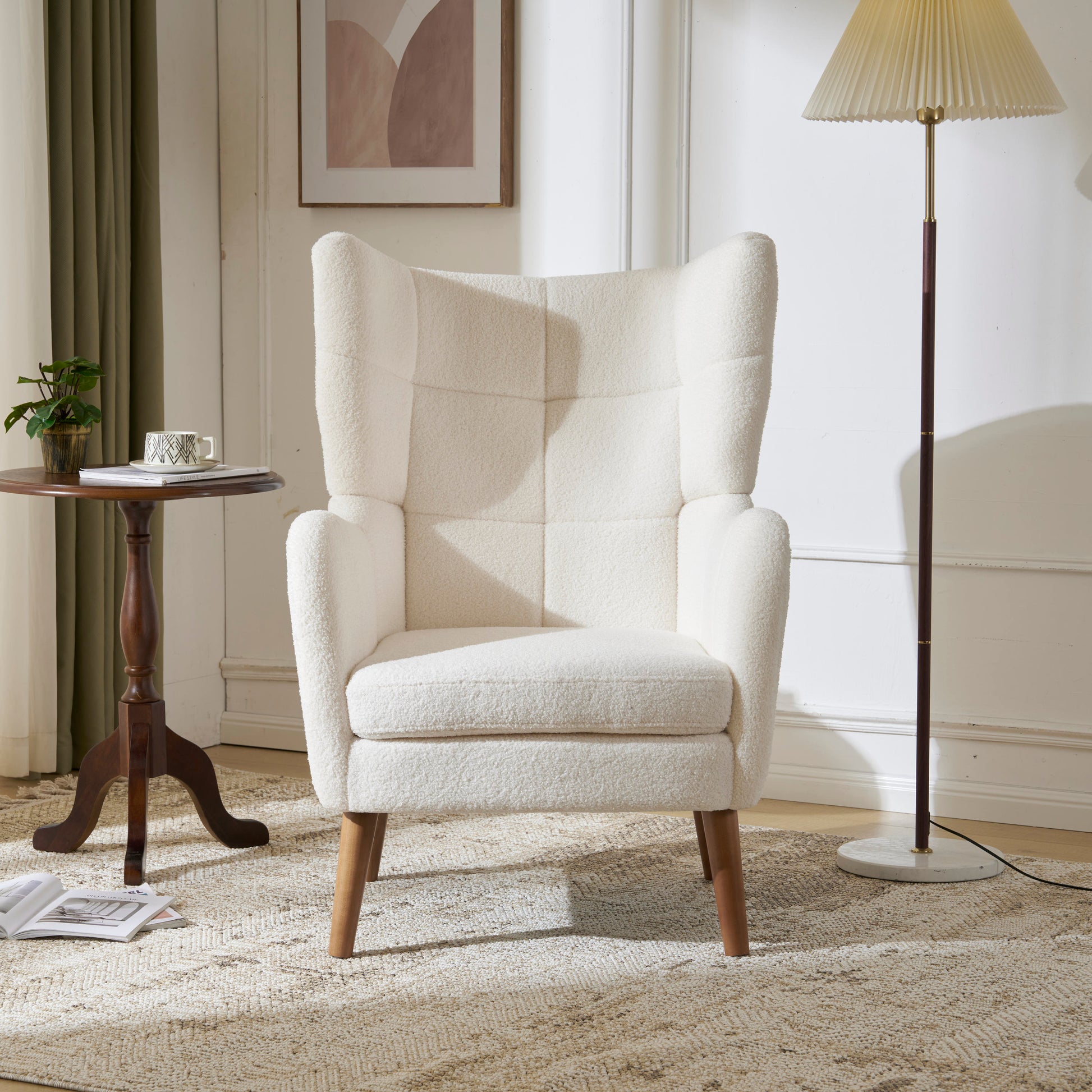 Calista Ivory White Teddy Fabric Mid-Century Accent Chair