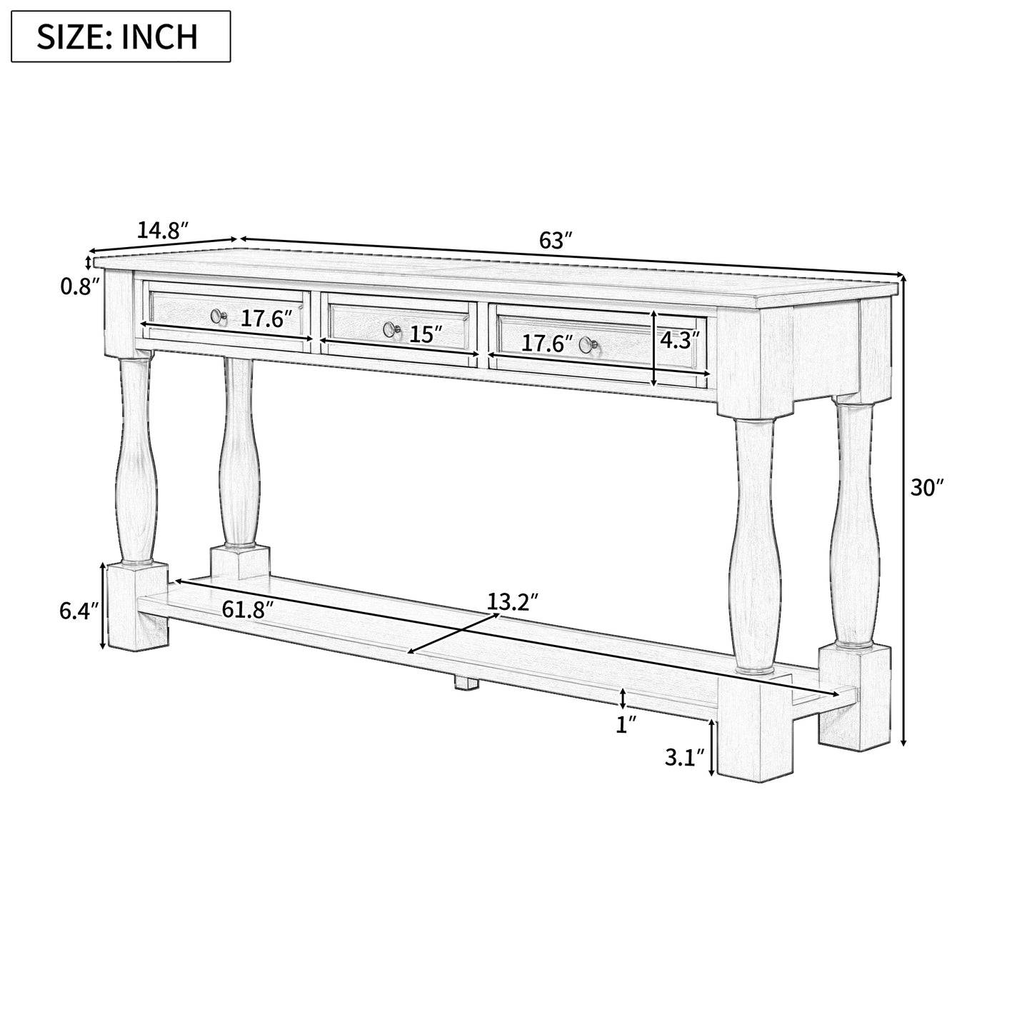 Xyla 63" Traditional 3-Drawer Console Table with Lower Shelf, Blue