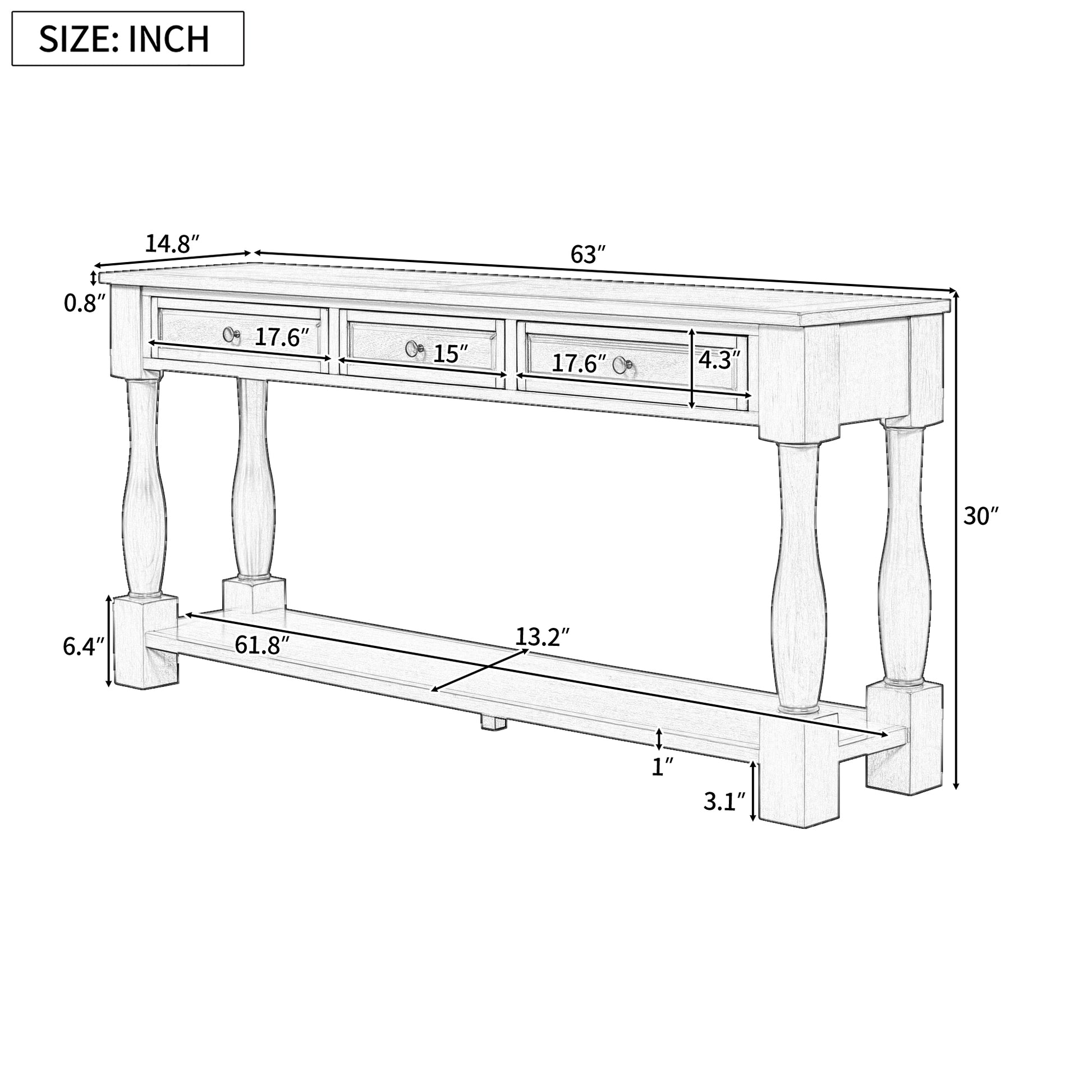 Xyla 63" Traditional 3-Drawer Console Table with Lower Shelf, White