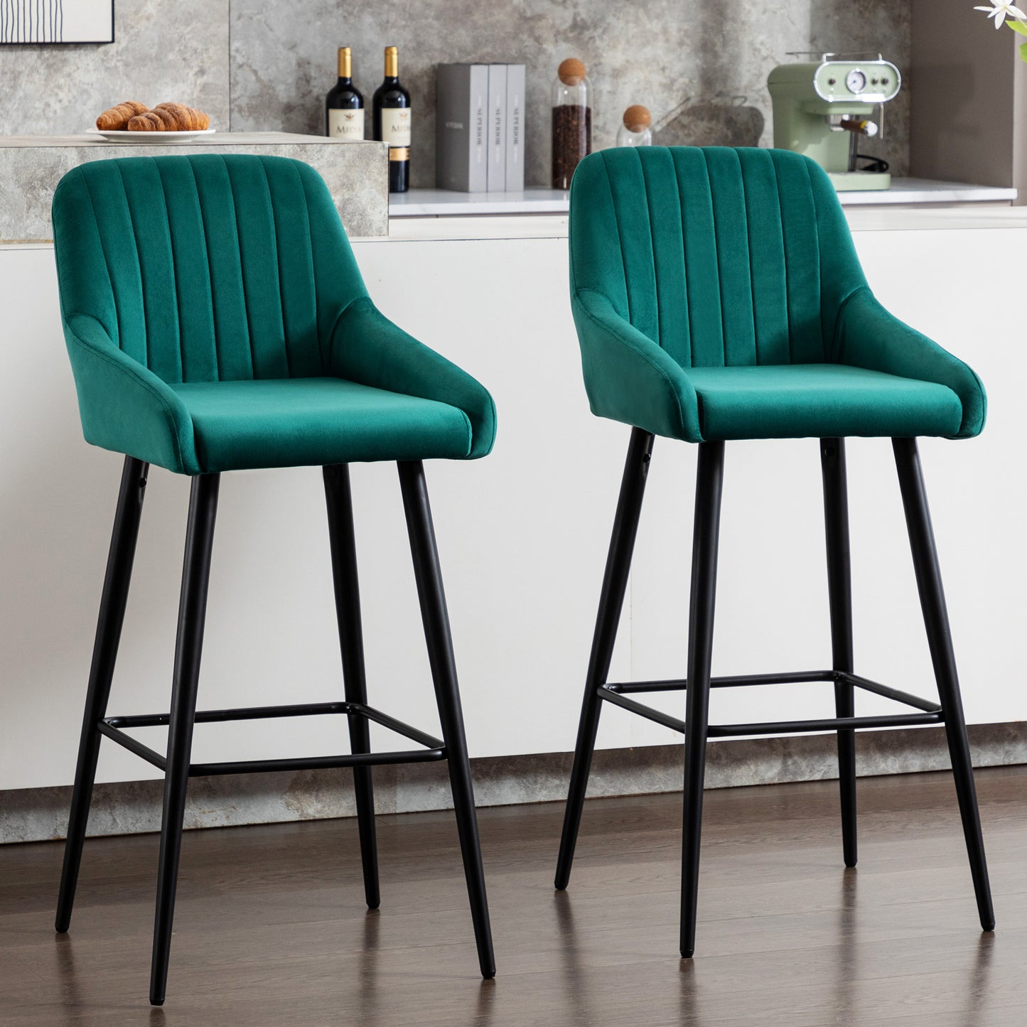 Baily Elegant Velvet Bar Stools with Black Legs Set of 2 , Green