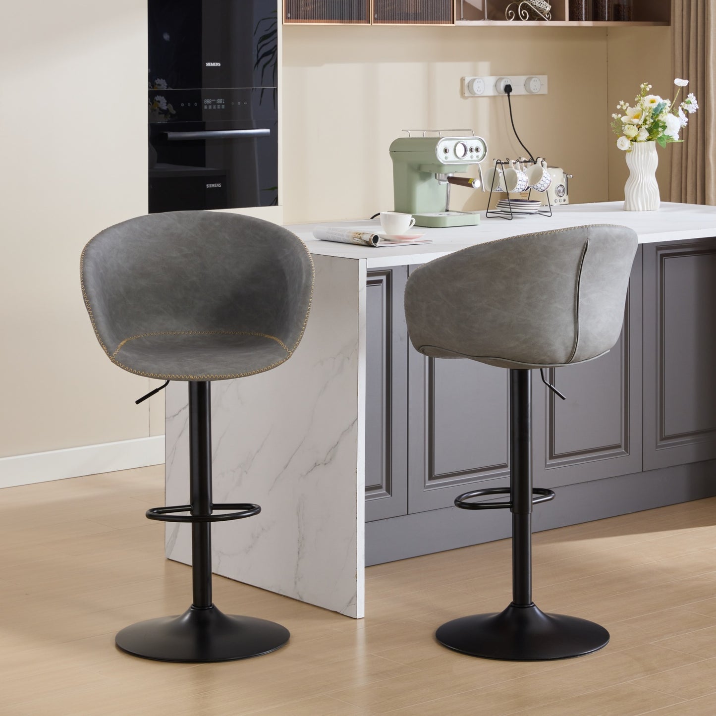 Minimalist Charm Gray Adjustable Swivel Bar Stools in Mid-Century Modern Faux Leather