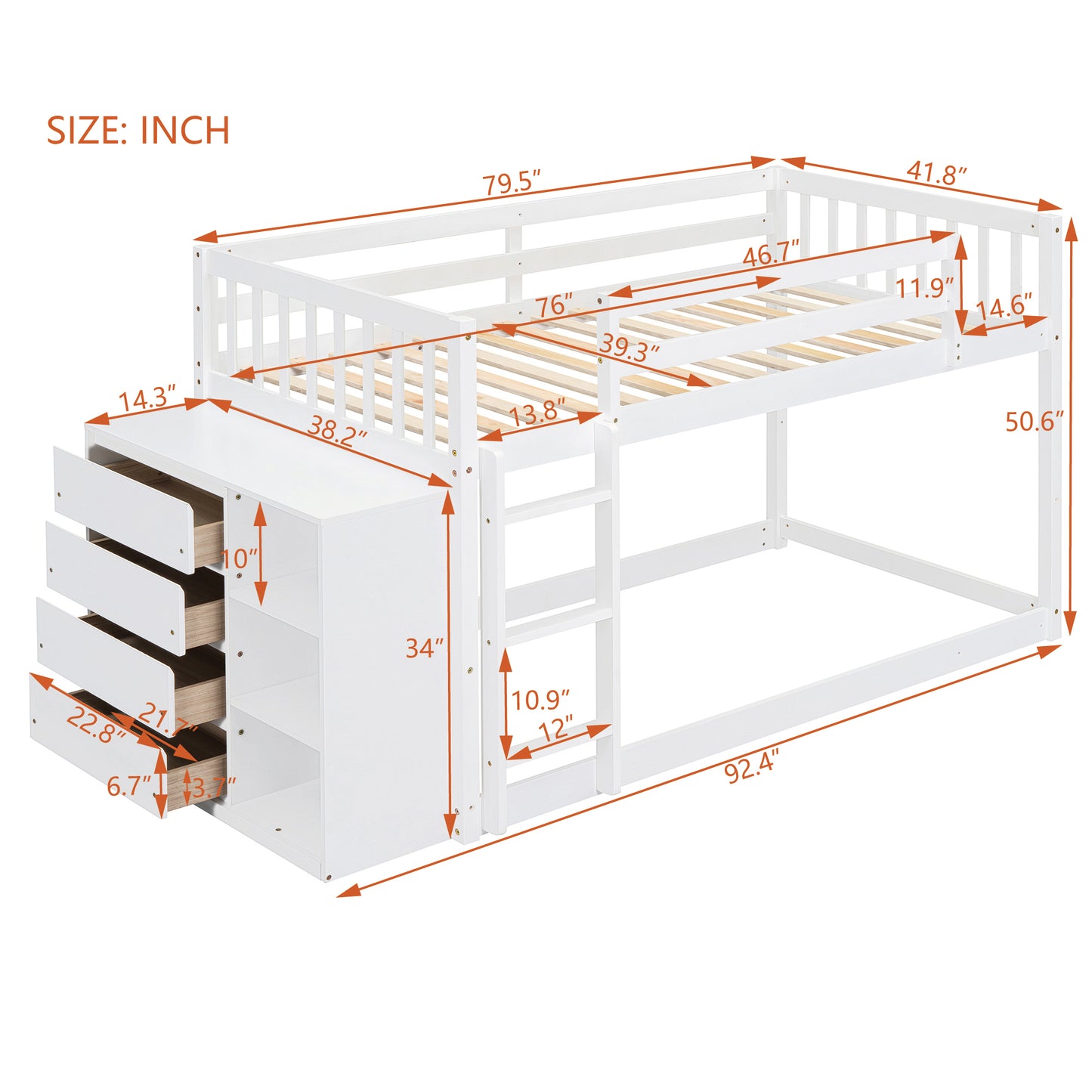 Rachel Twin over Twin Bunk Bed with 4 Drawers and 3 Shelves-White