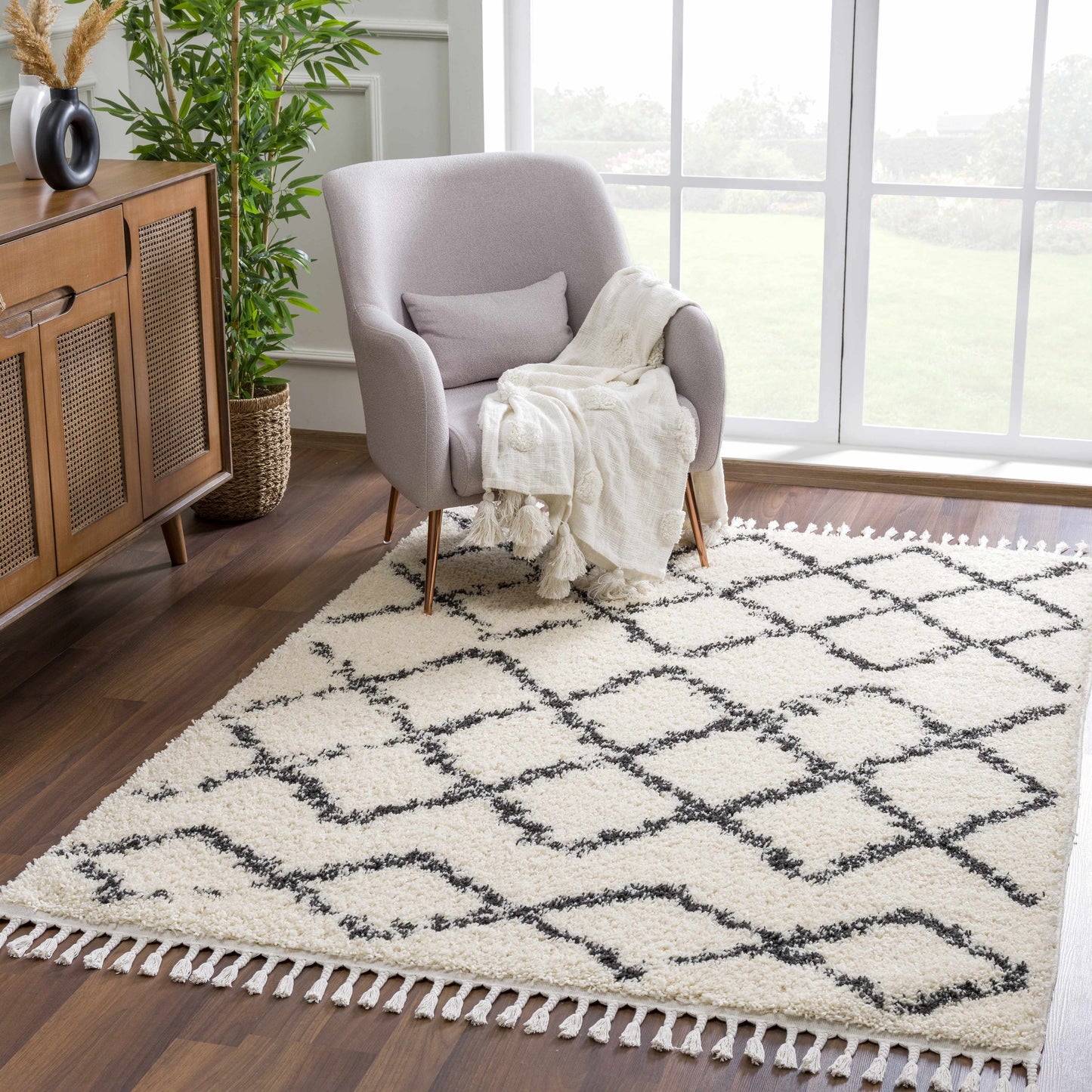 Wallagrass Beige Trellis Tassel Shag - Clearance