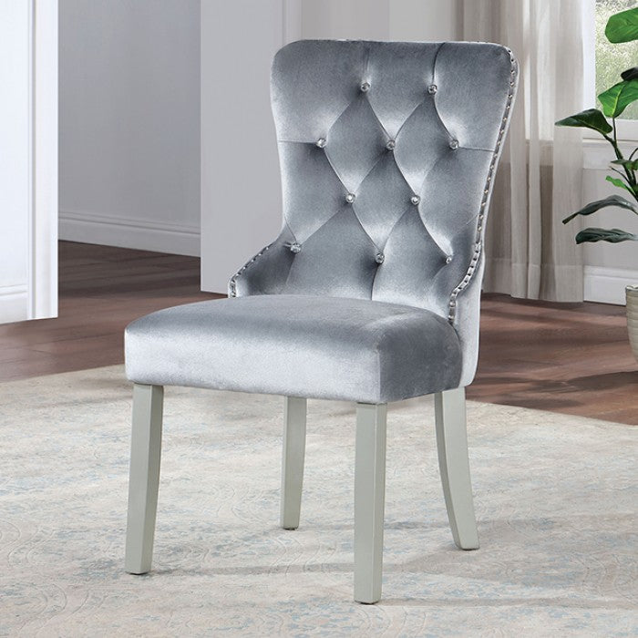 FOA Adalia Set of 2 Glam Crystal-like Acrylic Buttons Dining Side Chair - Silver/Dark Gray