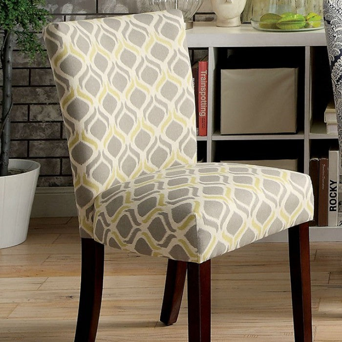 FOA Prue Set of 2 Contemporary Padded Fabric Accent Chair - Yellow & Gray Ogee Pattern