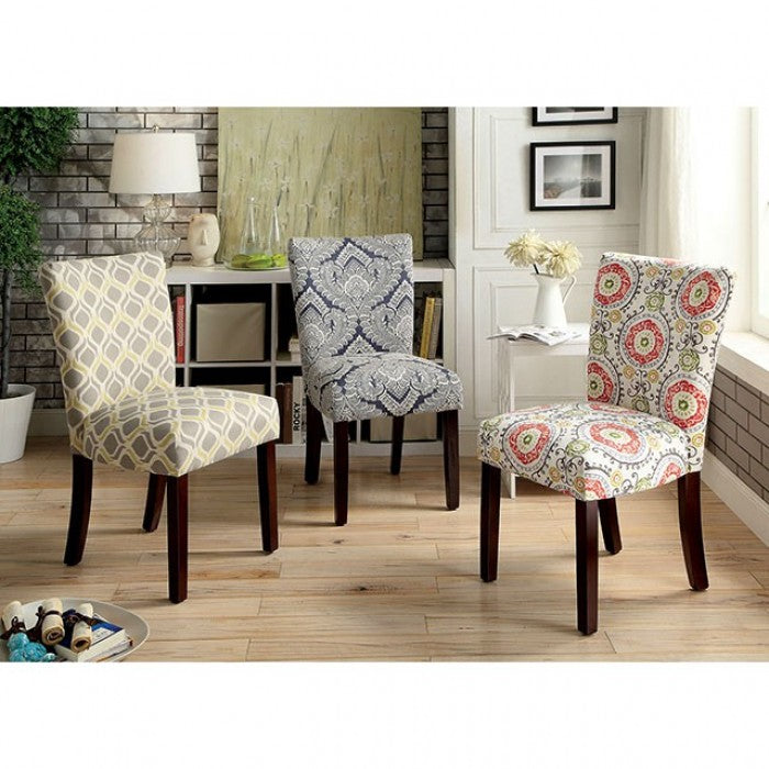 FOA Prue Set of 2 Contemporary Padded Fabric Accent Chair - Yellow & Gray Ogee Pattern