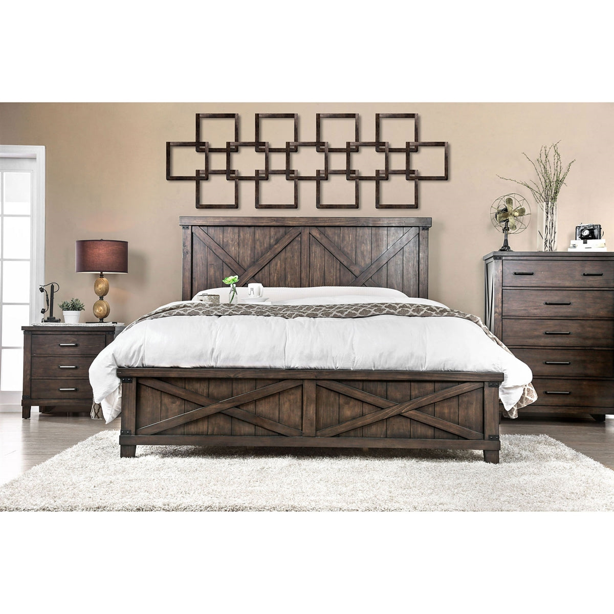 Bianca Dark Walnut Crossed Plank Style King Bedroom Set