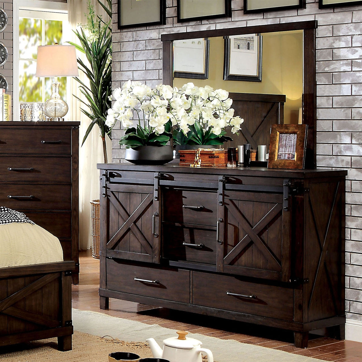 Bianca Dark Walnut Crossed Plank Style King Bedroom Set