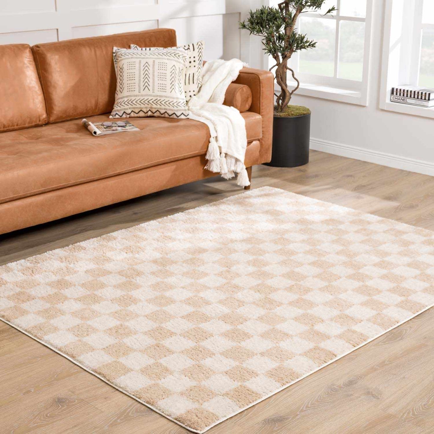 Canika Beige Washable Checkered Area Rug