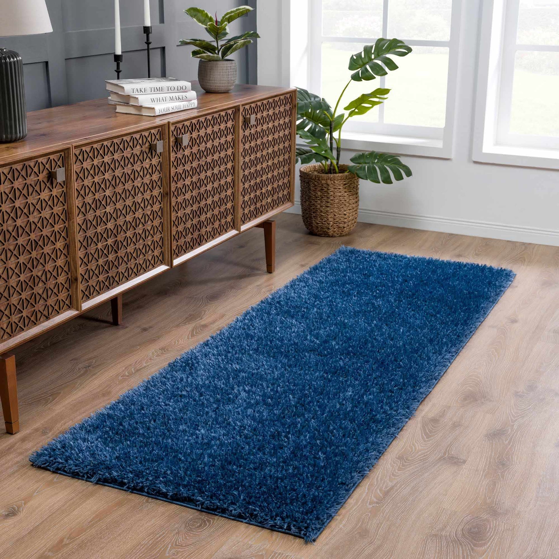 Faina Solid Dark Blue Shag Rug Washable