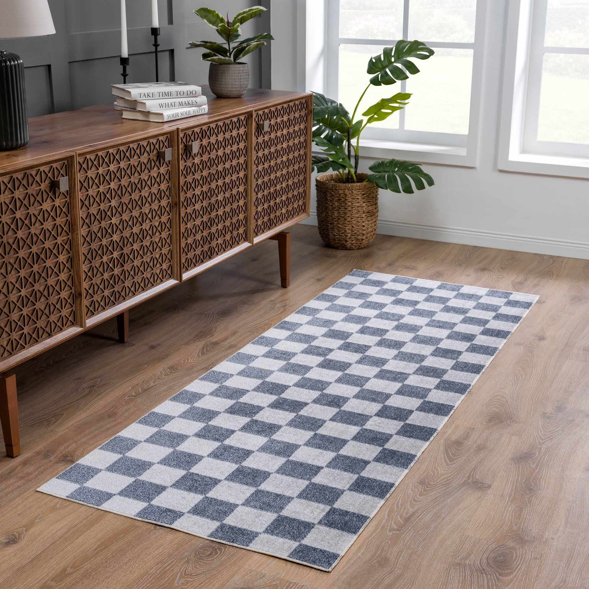 Alie Gray Checkered Washable Area Rug