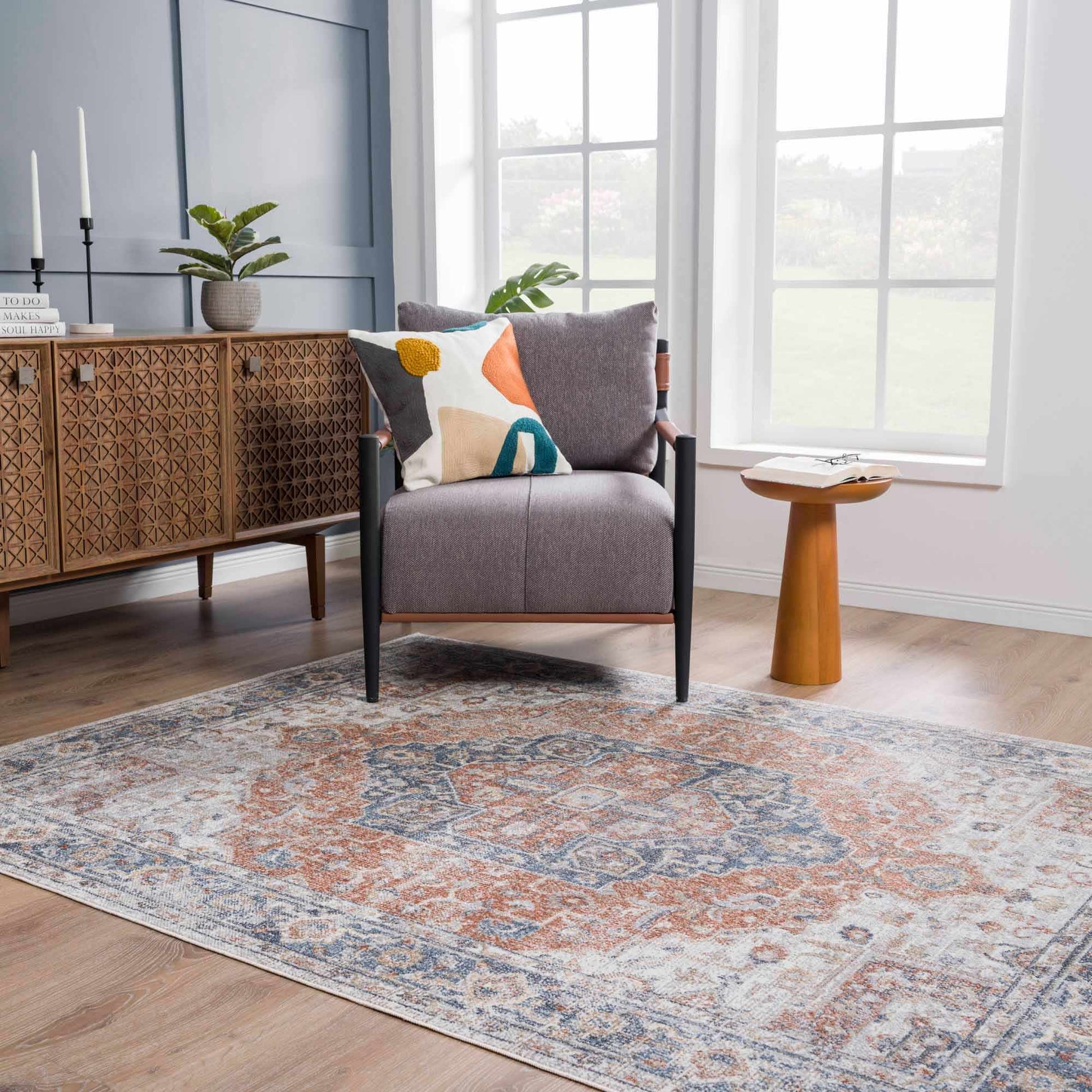 Akram Gray & Orange Washable Area Rug - Clearance