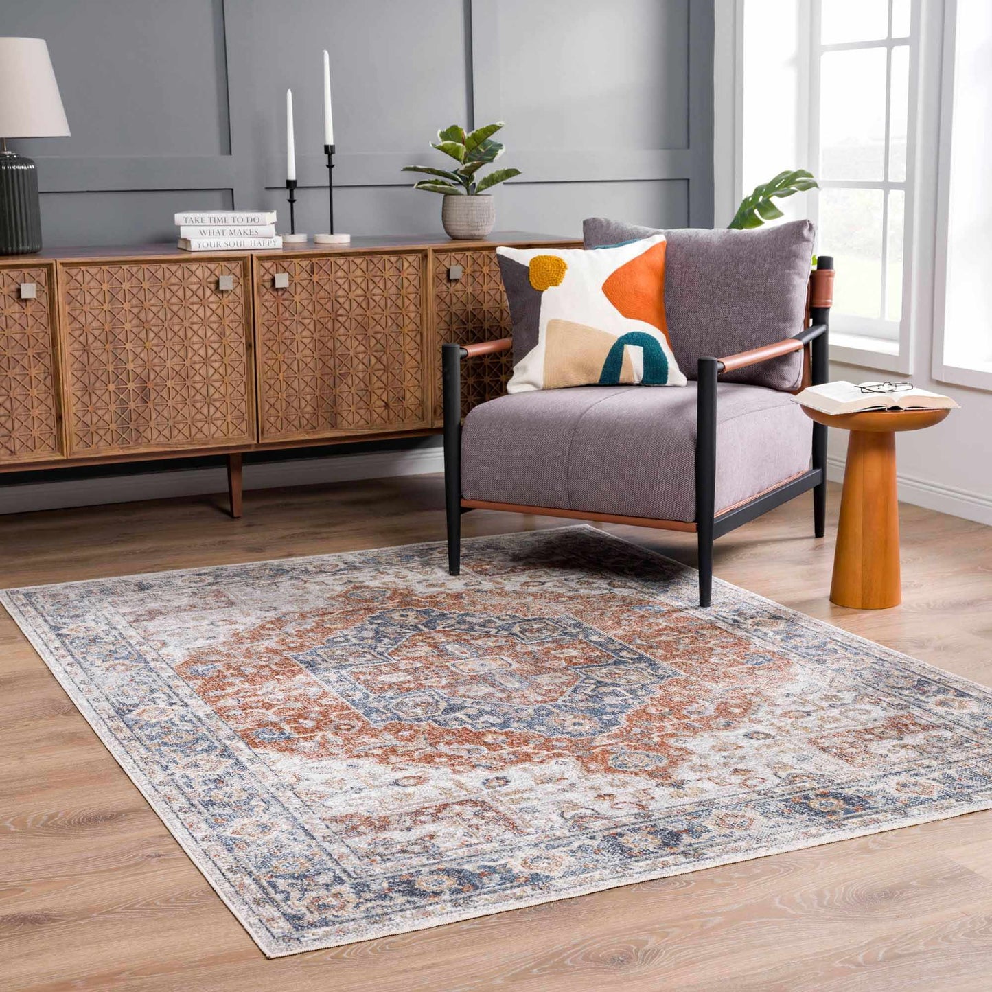 Akram Gray & Orange Washable Area Rug - Clearance