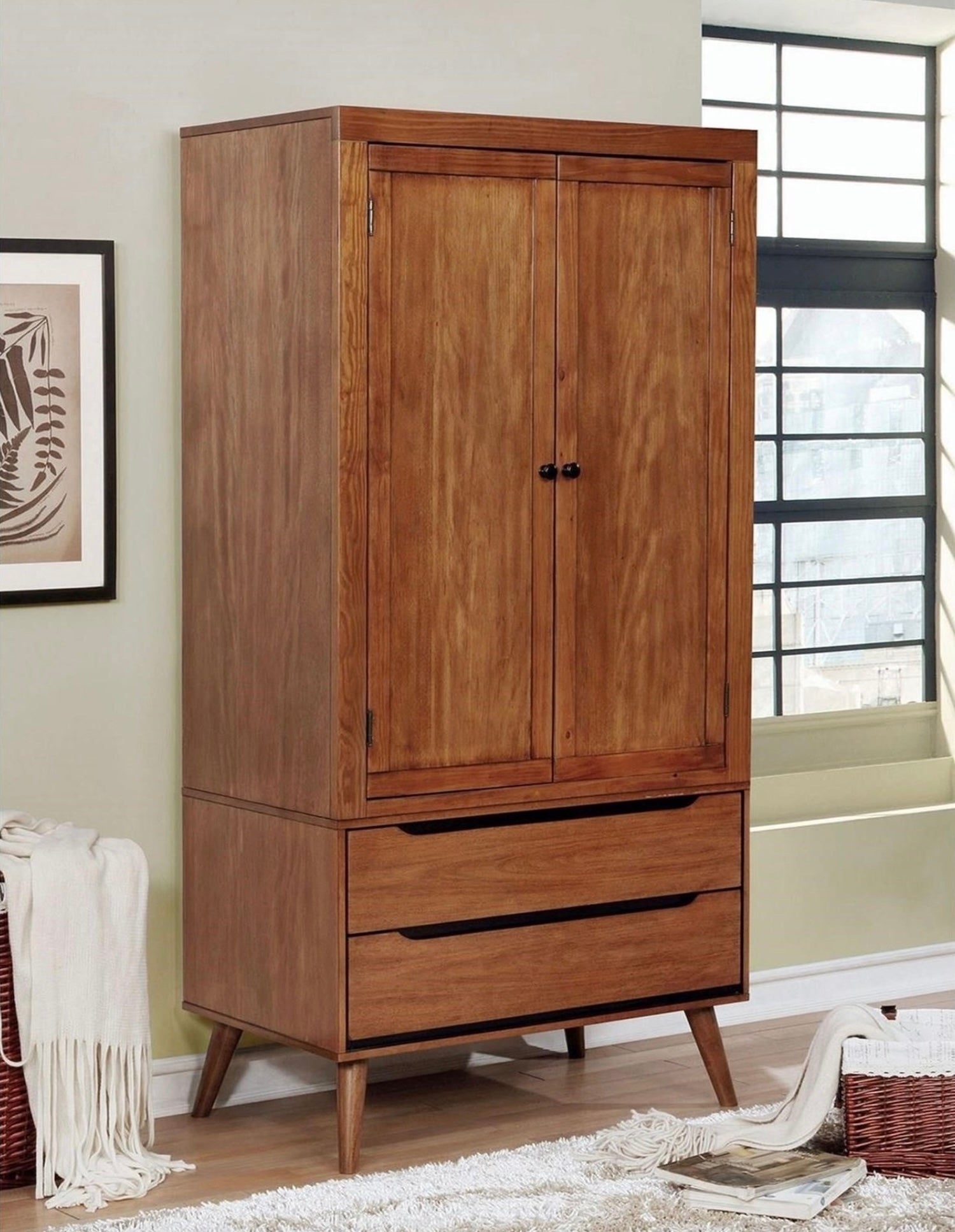 Lennart Oak Finish Mid-Century Modern Armoire