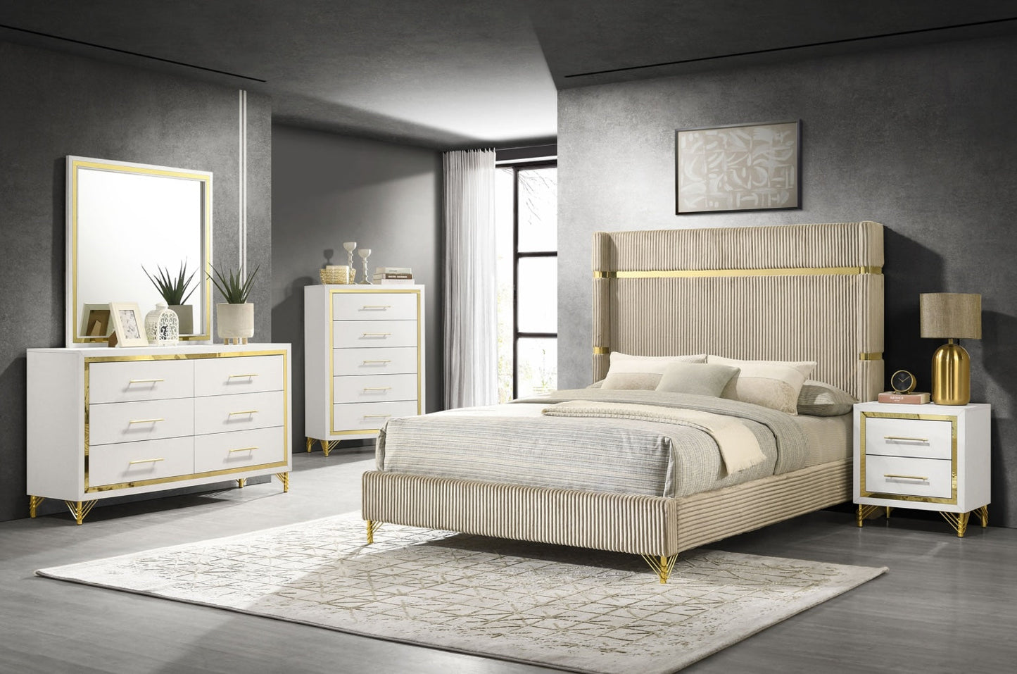 Lucia Modern King Wingback Panel Bedroom Set - Beige