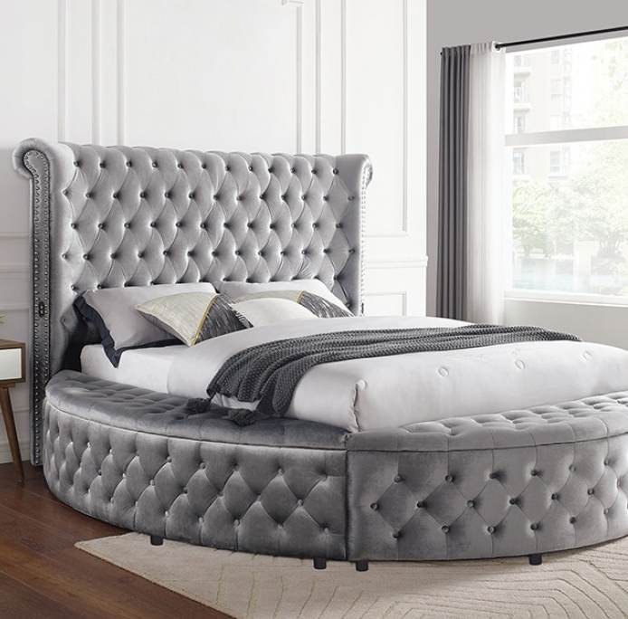 Sansom Gray Velvet King Glam Bed - Furniture of America