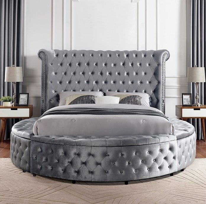 Sansom Gray Velvet King Glam Bed - Furniture of America