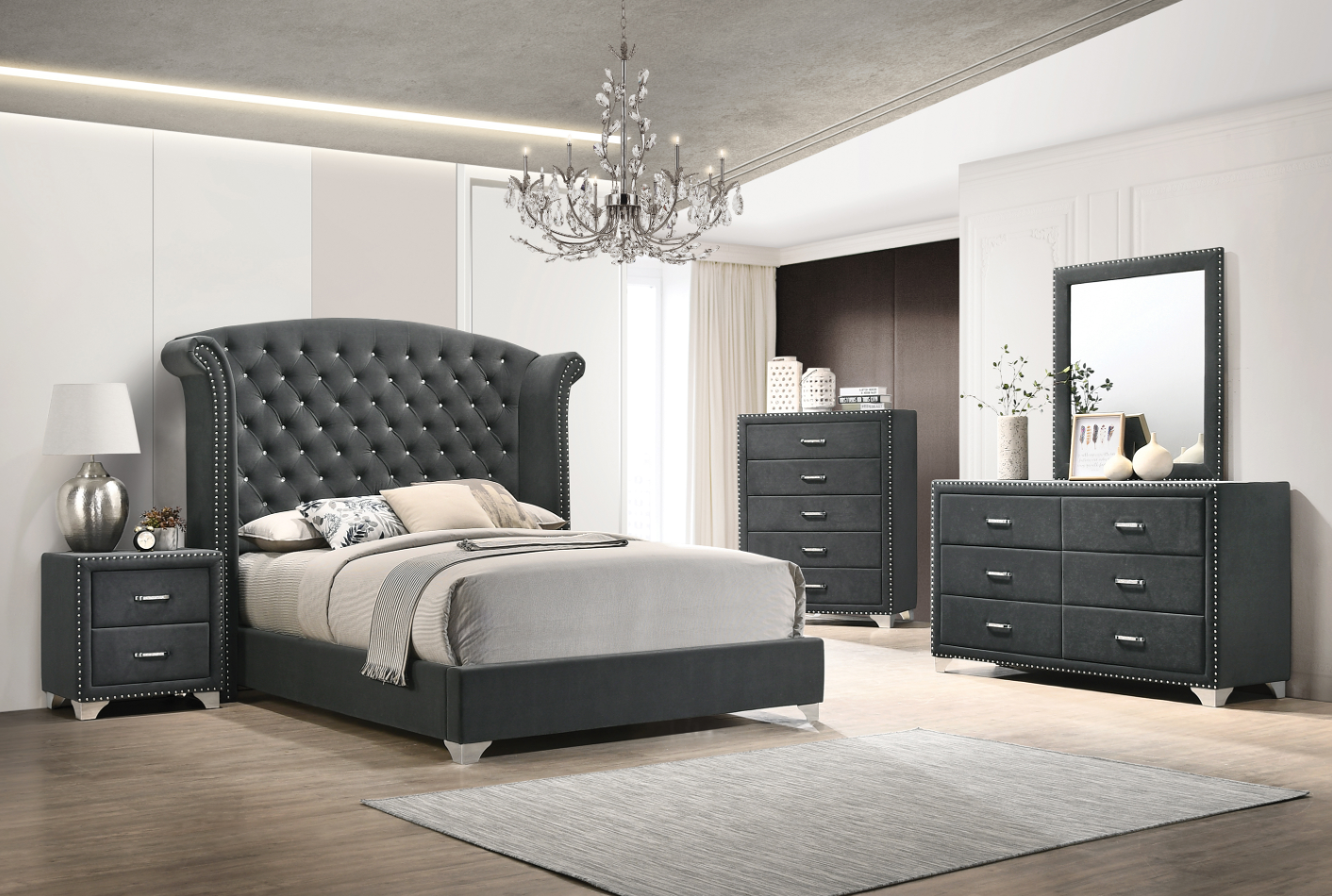 Melody Studded Wingback Upholstered King Bedroom Set