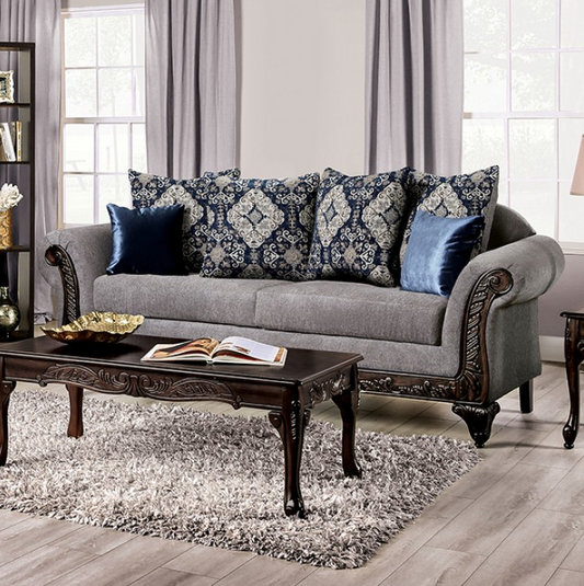 Gustavo Traditional Chenille Rolled Arm Sofa - Gray/Walnut