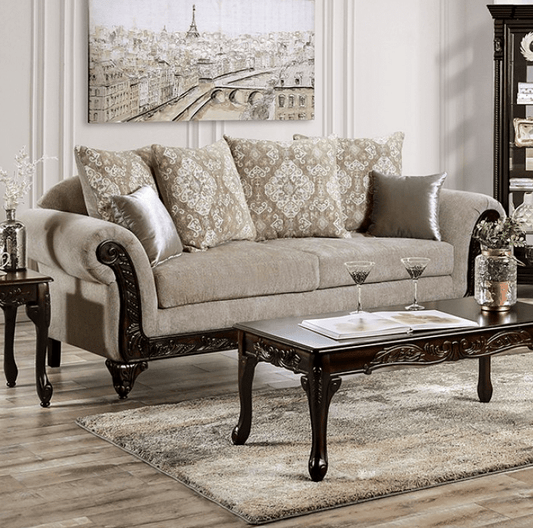 Panozzo Traditional Chenille Rolled Arm Sofa - Beige/Walnut